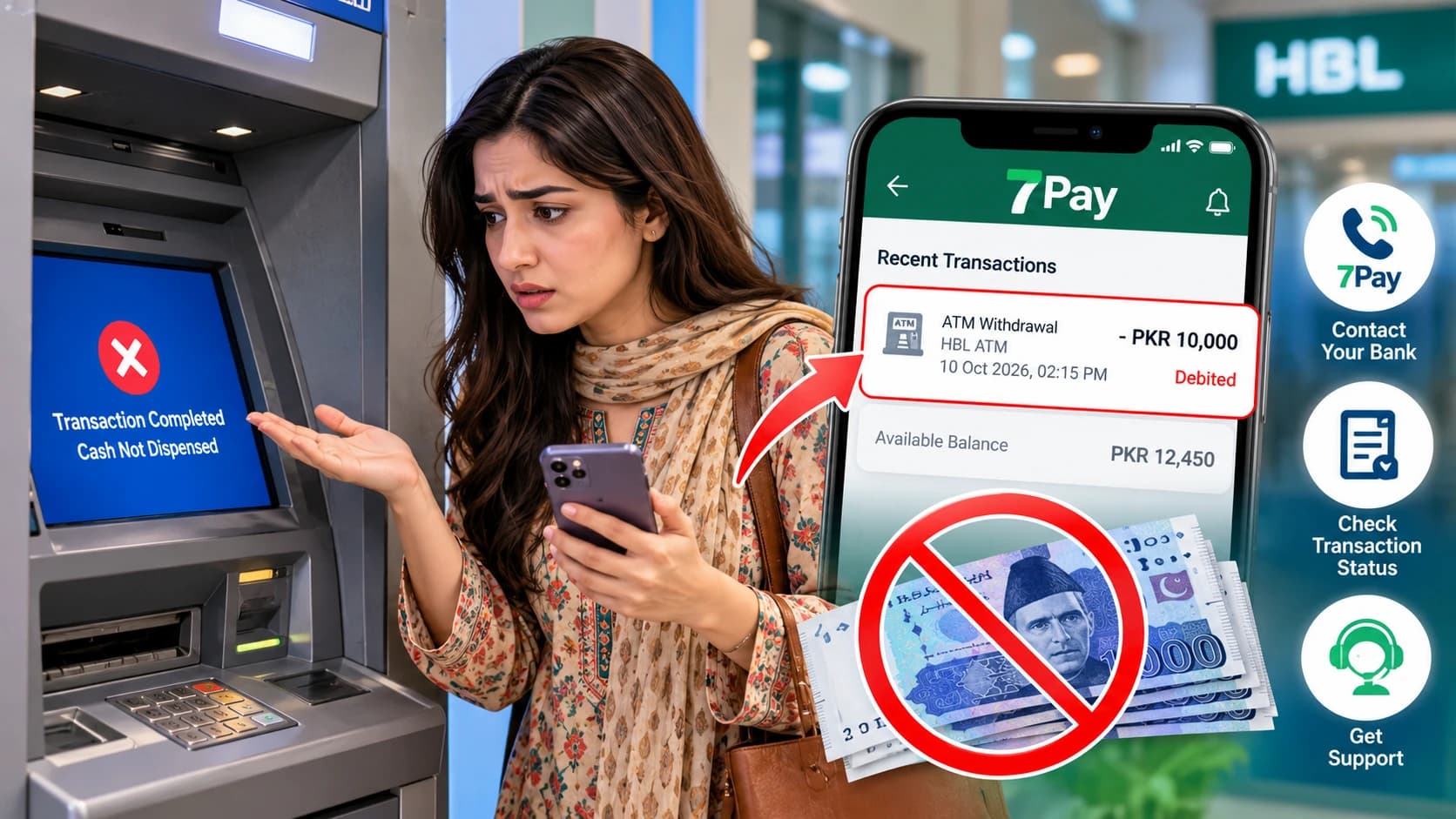 7Pay illustration showing an ATM cash withdrawal failure where money is deducted from a bank account but cash is not dispensed in Pakistan.