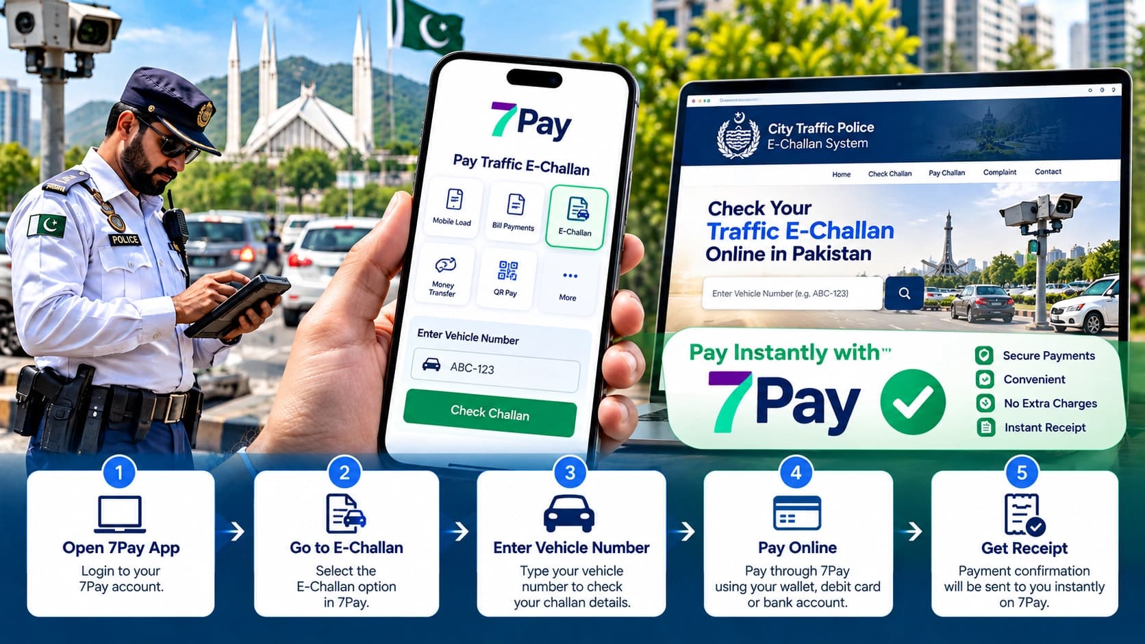 Pay traffic e-challan online in Pakistan using 7Pay digital wallet on a smartphone.