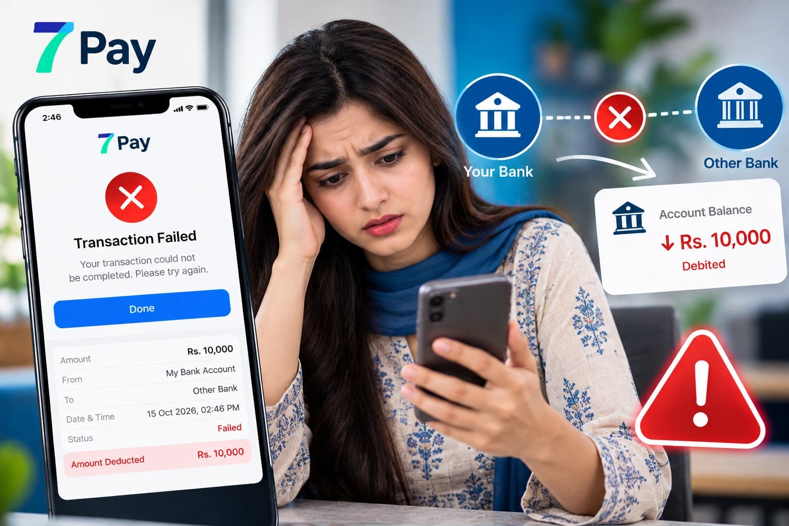 IBFT transaction failed but money deducted from bank account, showing a worried woman checking her 7Pay transaction status on a smartphone