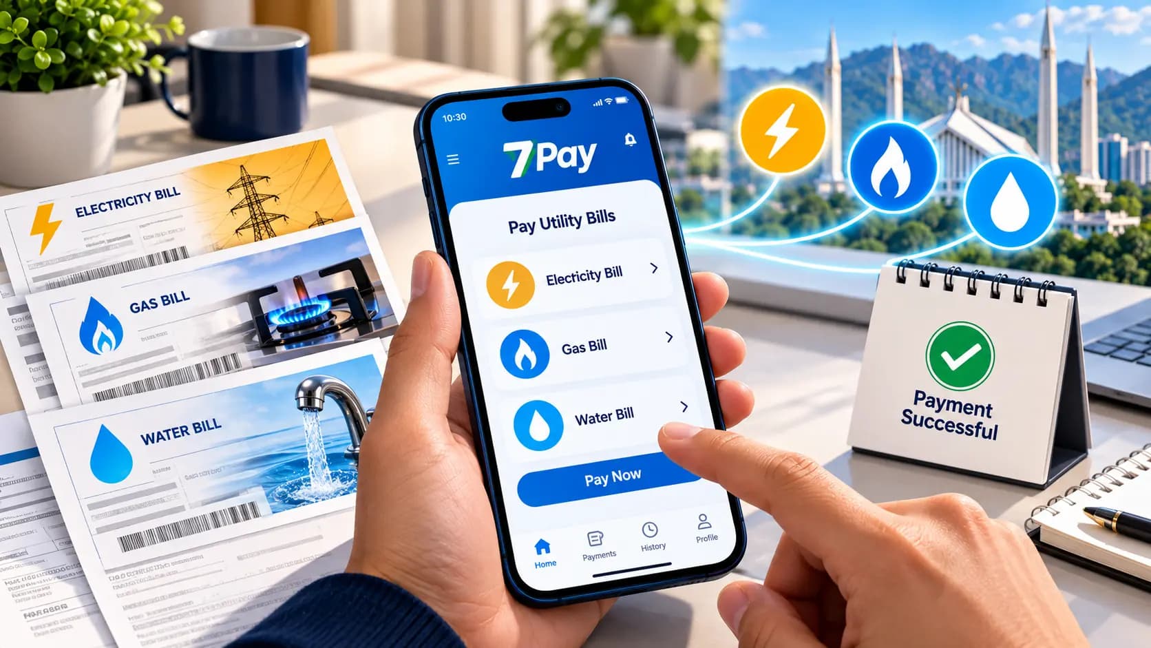 Pay utility bills online in Pakistan using 7Pay for electricity, gas, and water bill payments through a mobile phone.