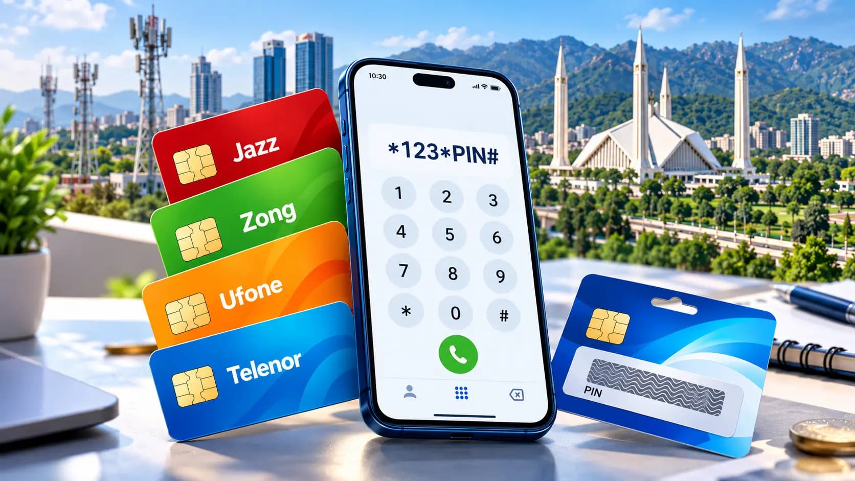 Mobile recharge codes in Pakistan for Jazz, Zong, Ufone and Telenor with a smartphone dial pad and recharge card, illustrating mobile top-ups with 7Pay.
