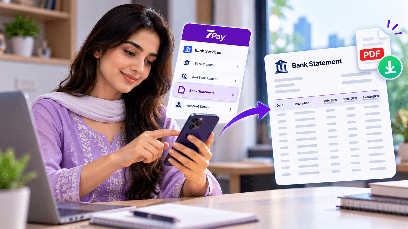 How to get a bank statement online in Pakistan, illustrated with the 7Pay mobile app and a downloadable PDF bank statement.